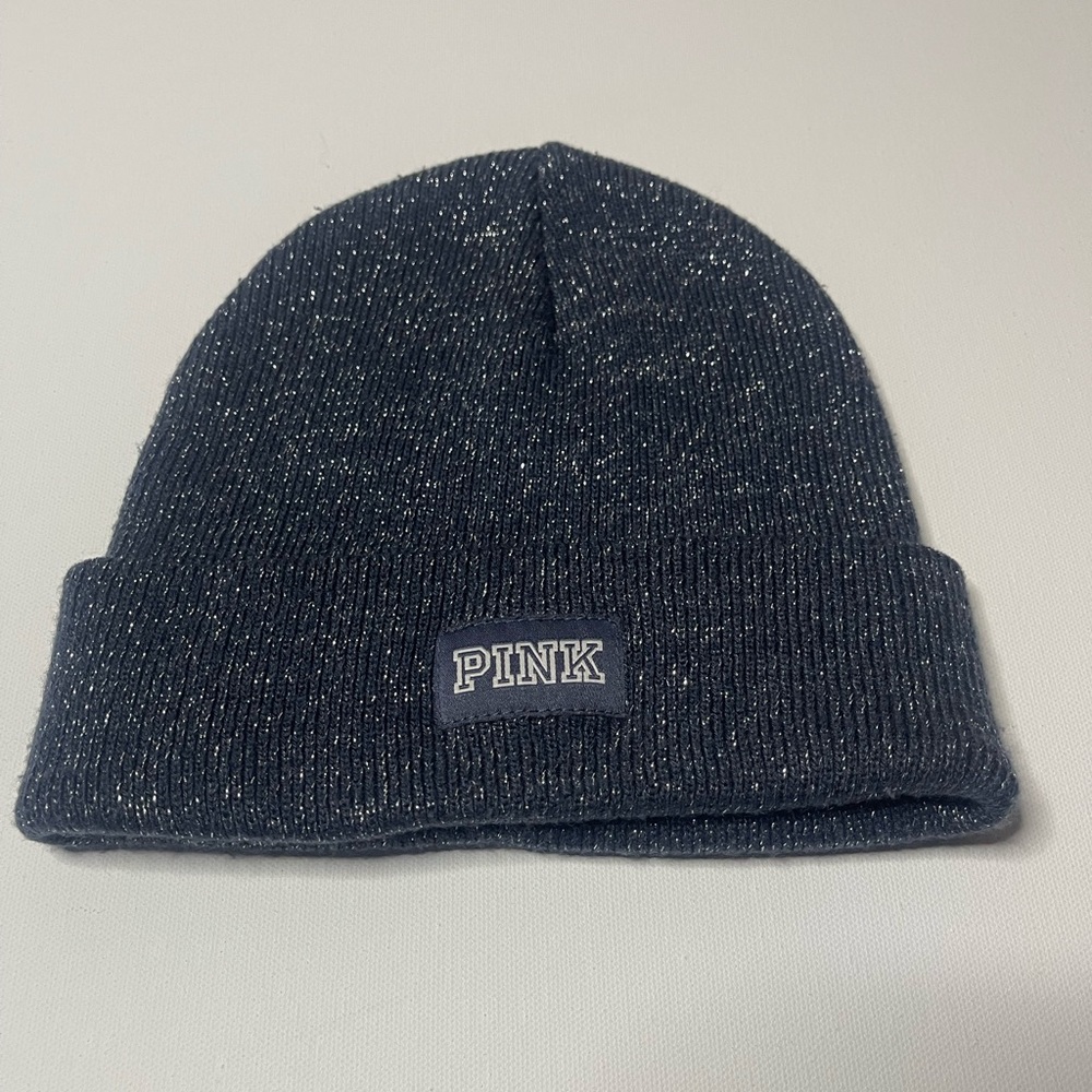 Victorias Secret PINK Knit Beanie Hat Logo Cuff Sparkly Gray Beanie